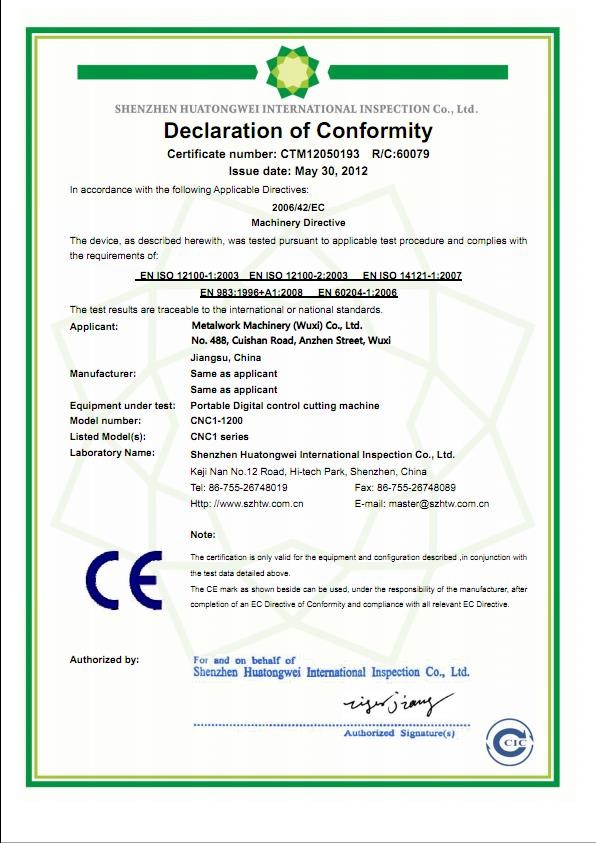 CHINA METALWORK MACHINERY (WUXI) CO.LTD Certificaciones
