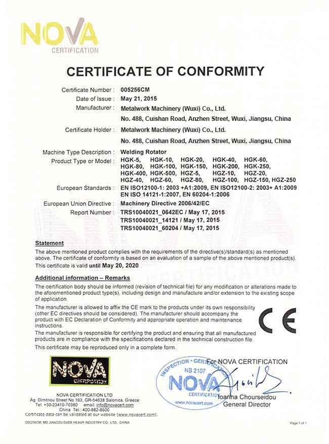 China METALWORK MACHINERY (WUXI) CO.LTD Certificaciones